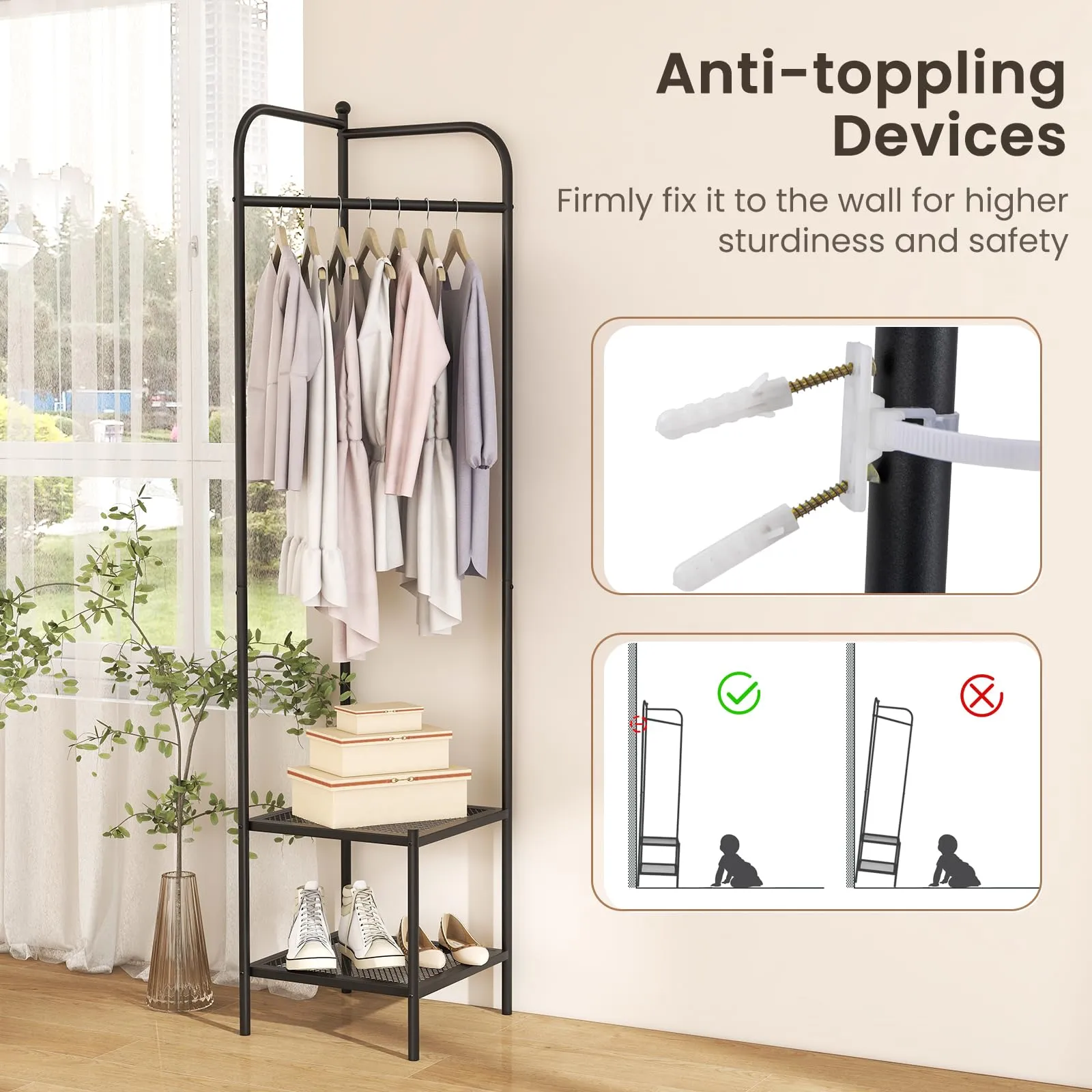 Tangkula Corner Coat Rack with Storage, Simple Hall Tree with Hanging Rod & 2 Mesh Shelves