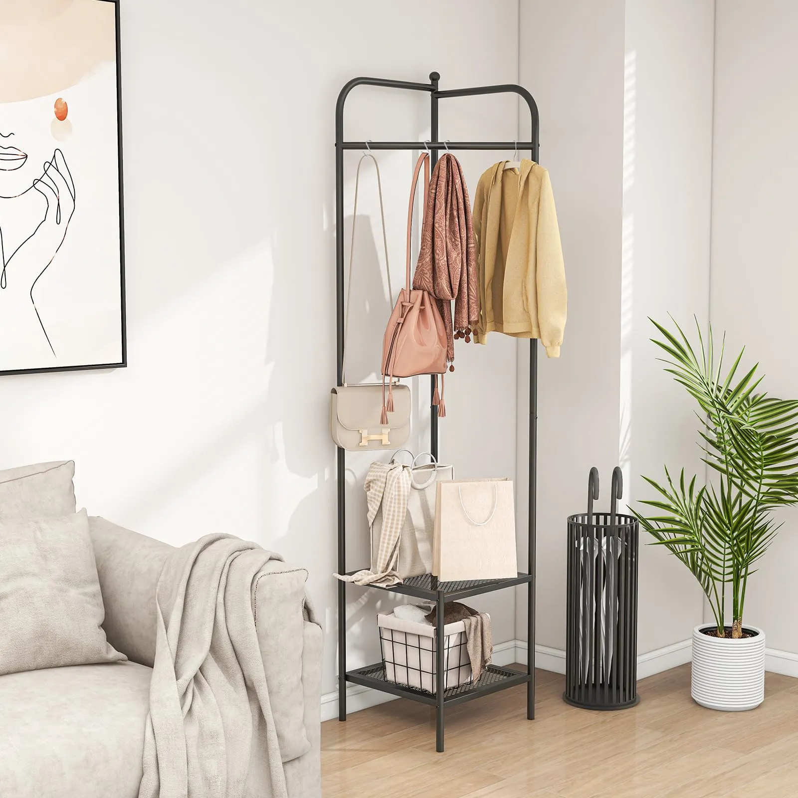 Tangkula Corner Coat Rack with Storage, Simple Hall Tree with Hanging Rod & 2 Mesh Shelves