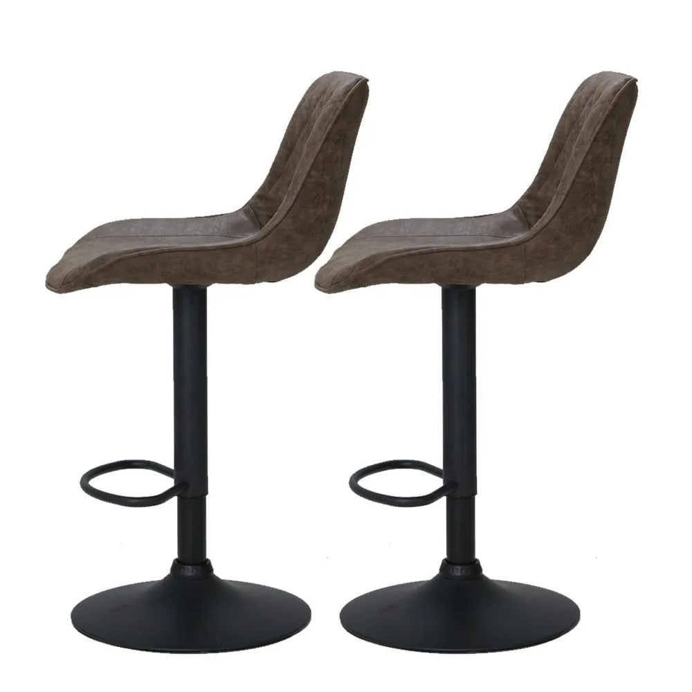 Two Bar Stools Gas Lift Vintage Leather Brown