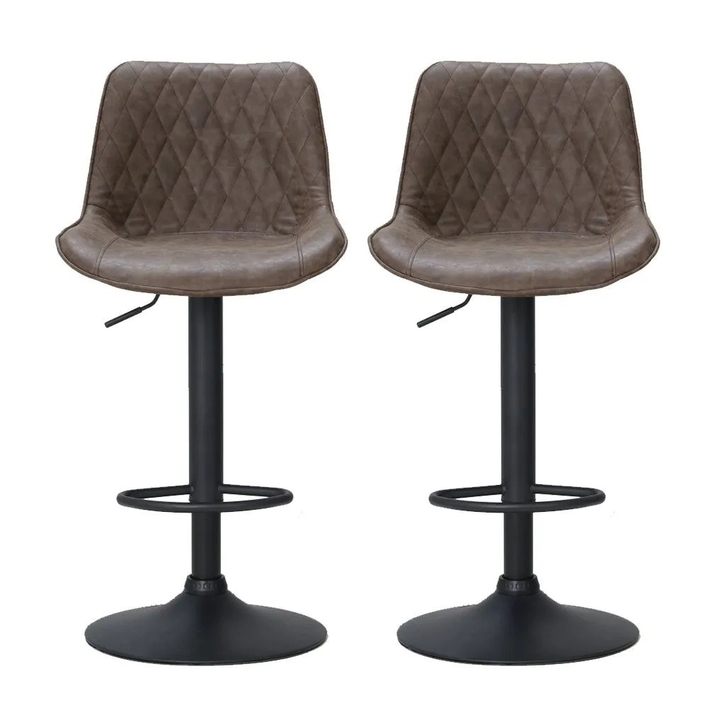 Two Bar Stools Gas Lift Vintage Leather Brown