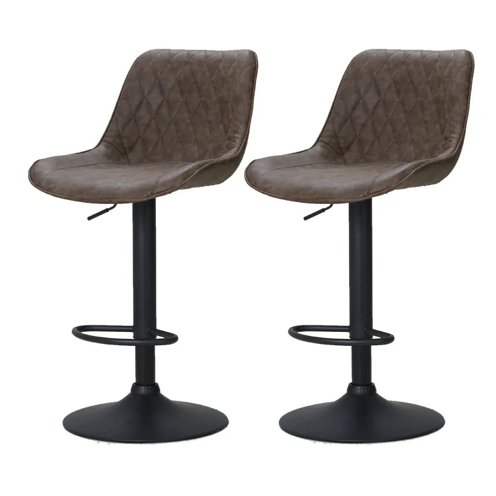 Two Bar Stools Gas Lift Vintage Leather Brown