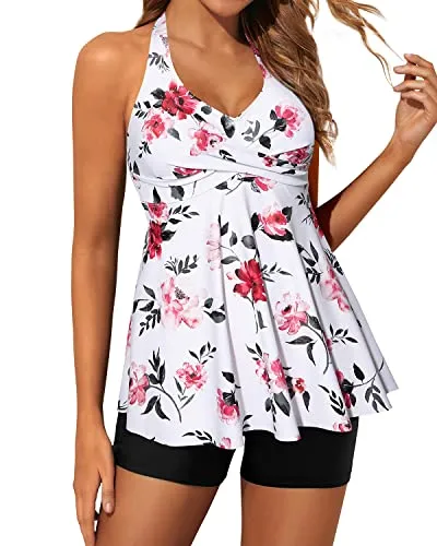 Two Piece Tankini Swimsuits For Women Shorts Halter V Neck Bathing Suits-White Floral