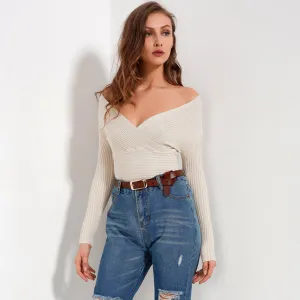 V-Neck Slim Fit Off Shoulder Long Sleeve Shirt