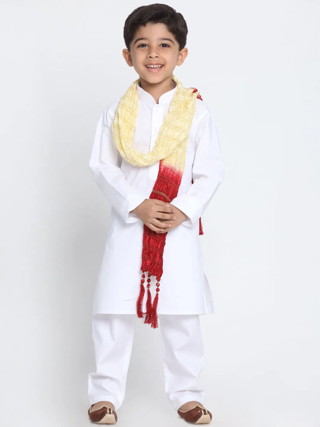 Vastramay Pure Cotton White Baap Beta Kurta Pyjama And Dupatta Set