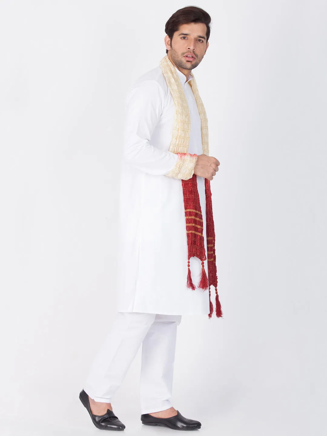 Vastramay Pure Cotton White Baap Beta Kurta Pyjama And Dupatta Set