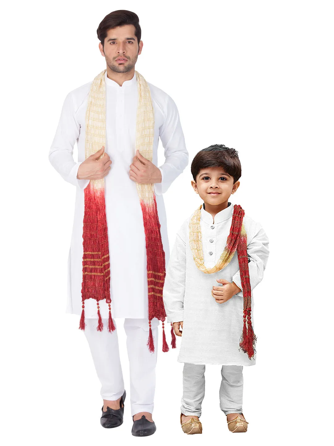 Vastramay Pure Cotton White Baap Beta Kurta Pyjama And Dupatta Set