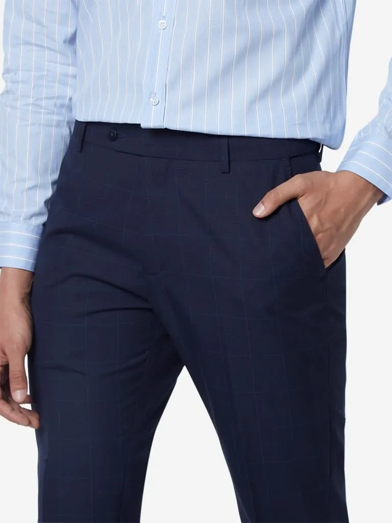 WES Formals Navy Relaxed-Fit Checked Trousers