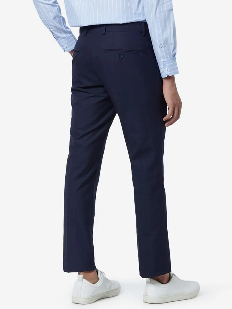 WES Formals Navy Relaxed-Fit Checked Trousers