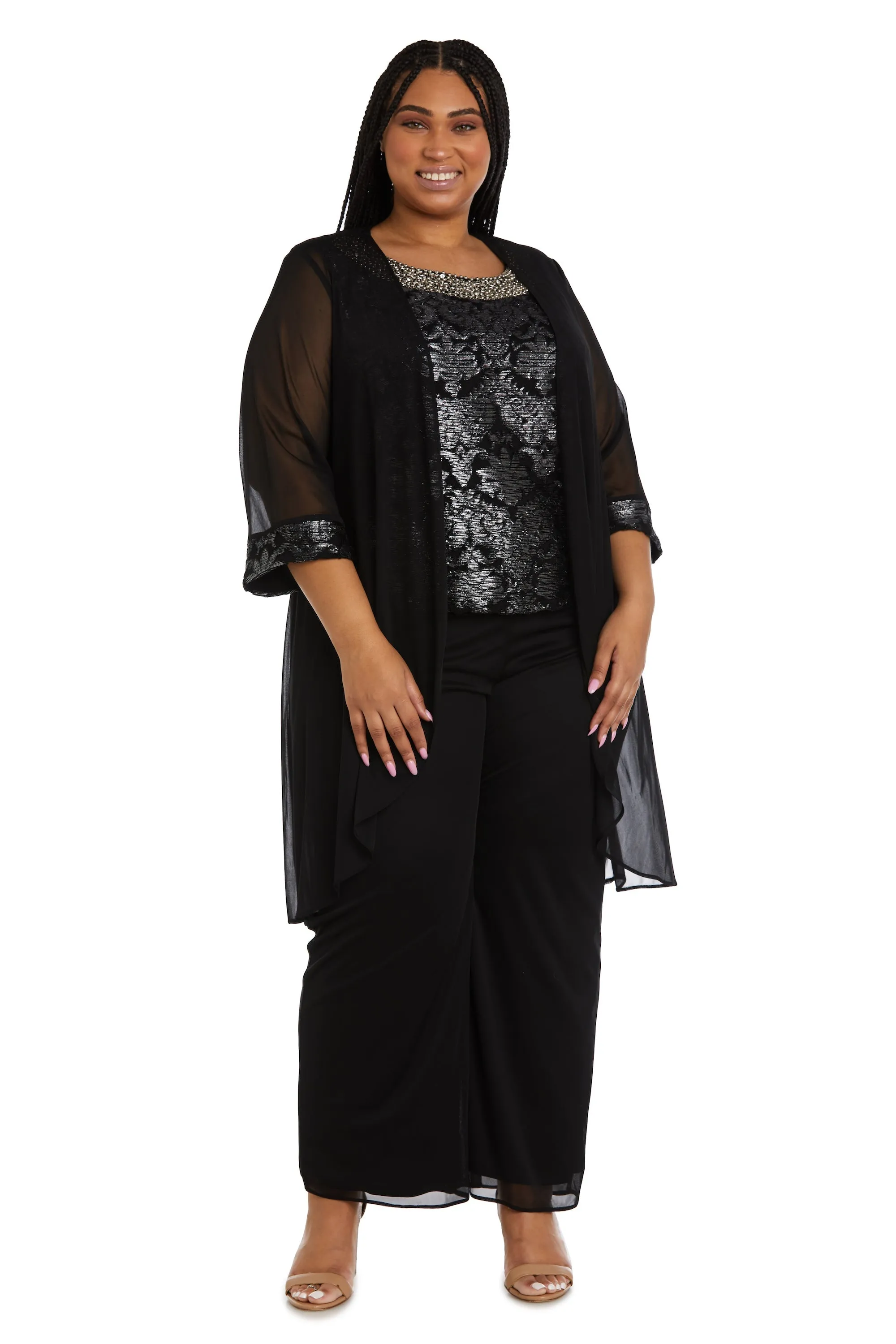 Women Plus-Size Stunning Three-Piece Beaded Neck Duster Pant Set