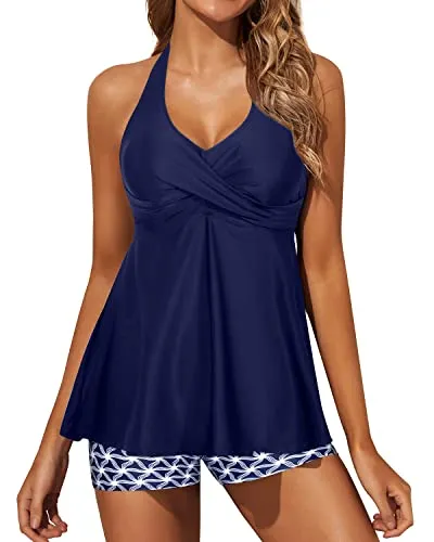 Women's V Neck Tankini Swimsuit Boy Shorts And Push Up Padded Bra-Navy Blue Tribal