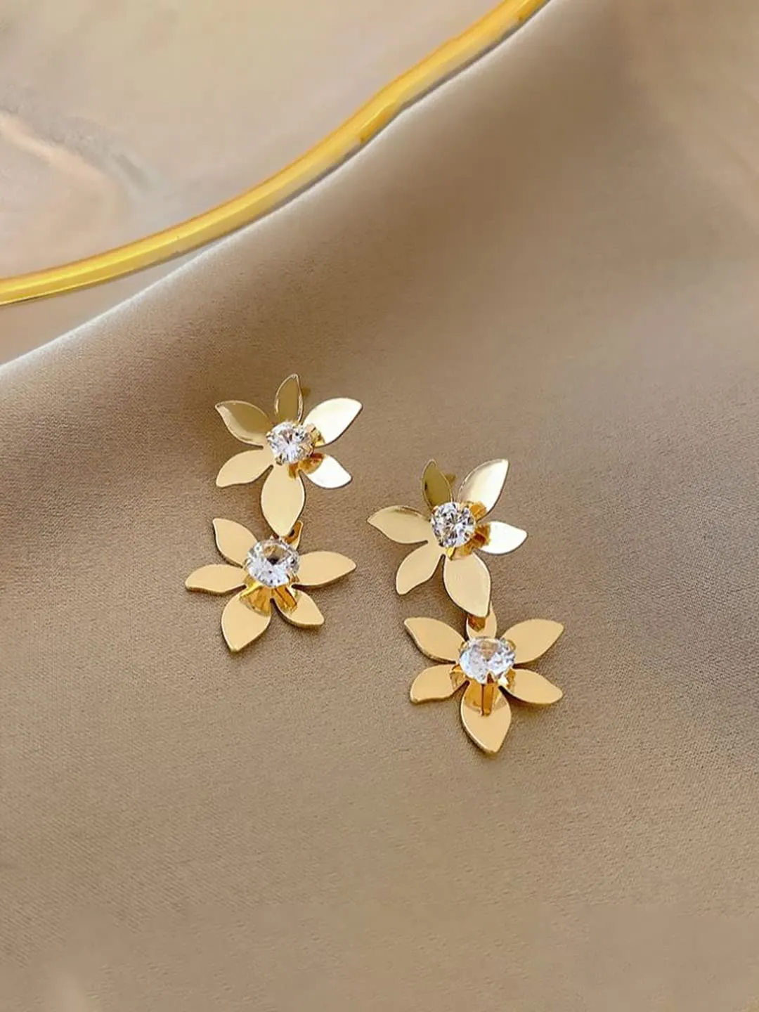 Yellow Chimes Earrings For Women Gold Toned Double Flower Hanging Drop Earrings For Women and Girls