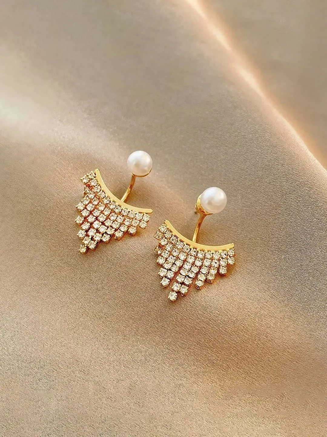 Yellow Chimes Earrings For Women Gold Toned Pearl Stud Back Drop Crystal Studded Drop Earrings For Women and Girls