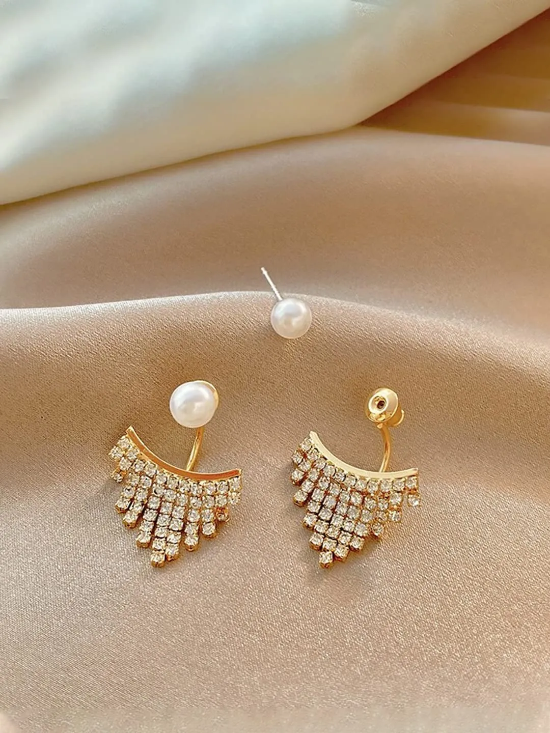 Yellow Chimes Earrings For Women Gold Toned Pearl Stud Back Drop Crystal Studded Drop Earrings For Women and Girls