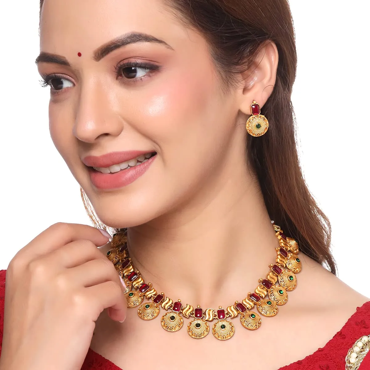 Yellow Chimes Jewellery Set for Women and Girls Gold Choker Set for Women | Choker Necklace Set | Circle Shaped Stone Studded Choker | Birthday Gift for girls & women Anniversary Gift for Wife