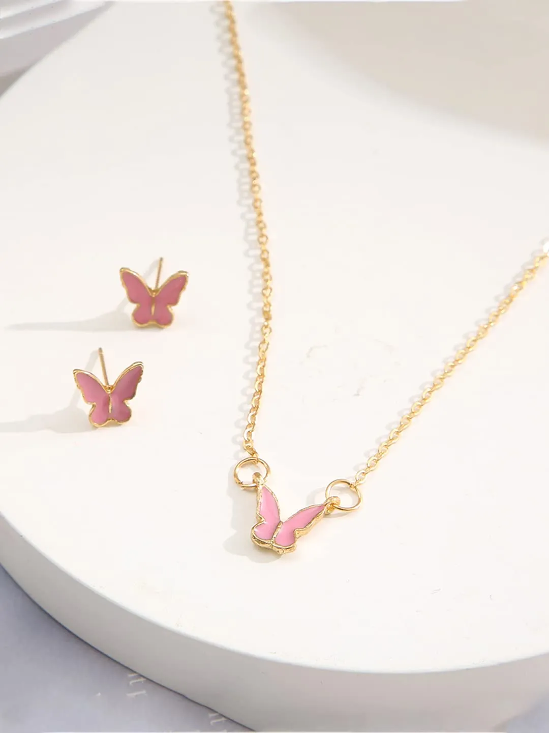 Yellow Chimes Necklace Set For Women Gold Tone Chain Pink Color Butterfly Charm Attached With Butterfly Shape Earrings For Women and Girls