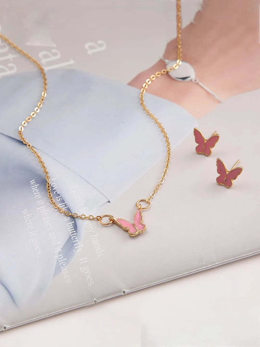 Yellow Chimes Necklace Set For Women Gold Tone Chain Pink Color Butterfly Charm Attached With Butterfly Shape Earrings For Women and Girls