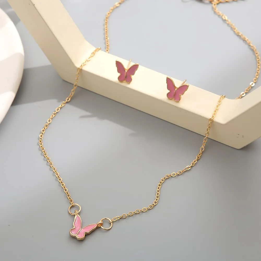 Yellow Chimes Necklace Set For Women Gold Tone Chain Pink Color Butterfly Charm Attached With Butterfly Shape Earrings For Women and Girls