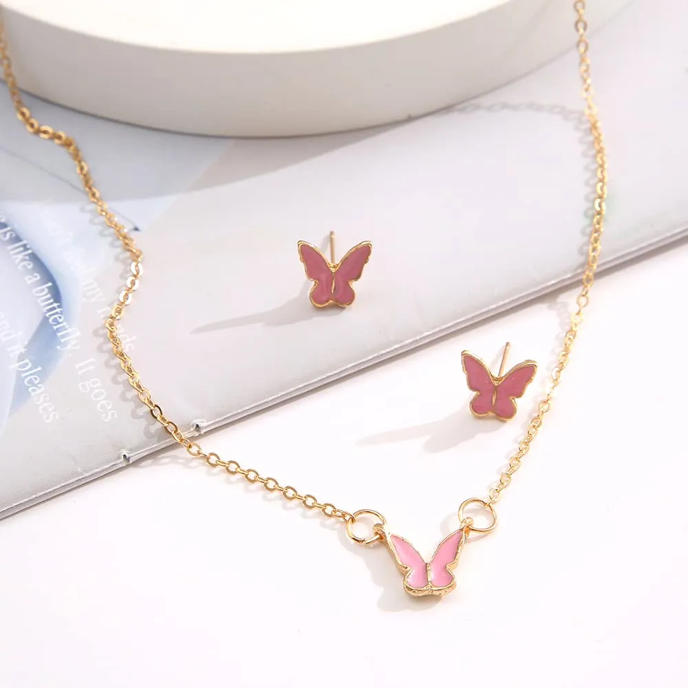 Yellow Chimes Necklace Set For Women Gold Tone Chain Pink Color Butterfly Charm Attached With Butterfly Shape Earrings For Women and Girls