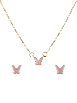 Yellow Chimes Necklace Set For Women Gold Tone Chain Pink Color Butterfly Charm Attached With Butterfly Shape Earrings For Women and Girls