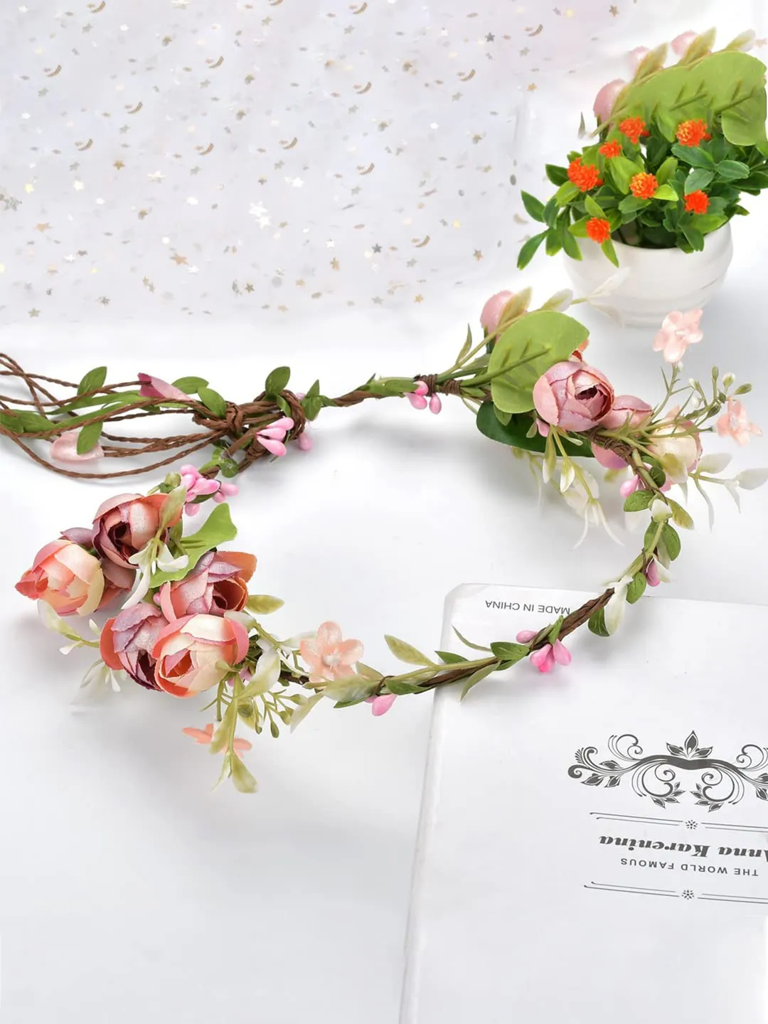 Yellow Chimes Tiara Fabric Floral Hair Vine for Women and Girls Pink Bridal Hair Vine Tiara Headband Hair Accessories