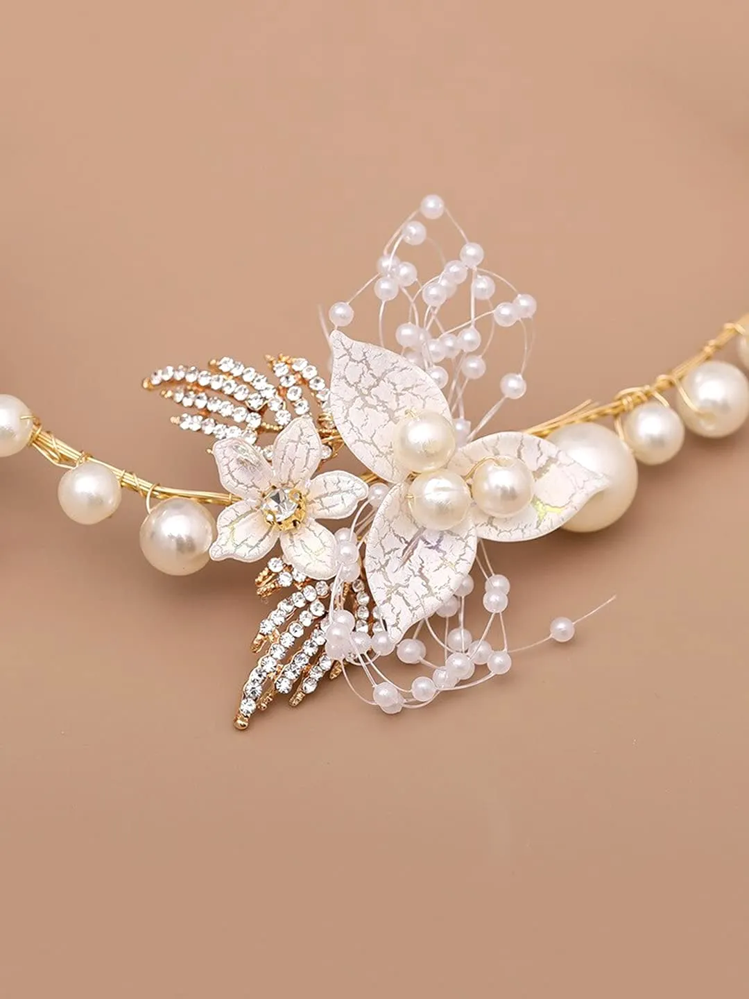 Yellow Chimes White & Gold-Toned Pearl Beaded Classic Fashionable Hair Band Hair Jewellery for Woman & Girls